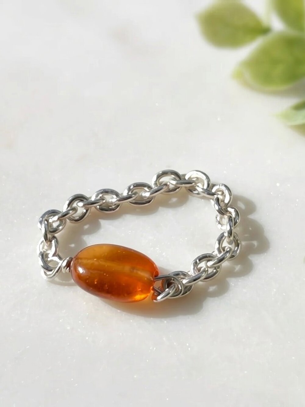 Rolo Chain Band Garnet Oval Ring, Sterling Silver